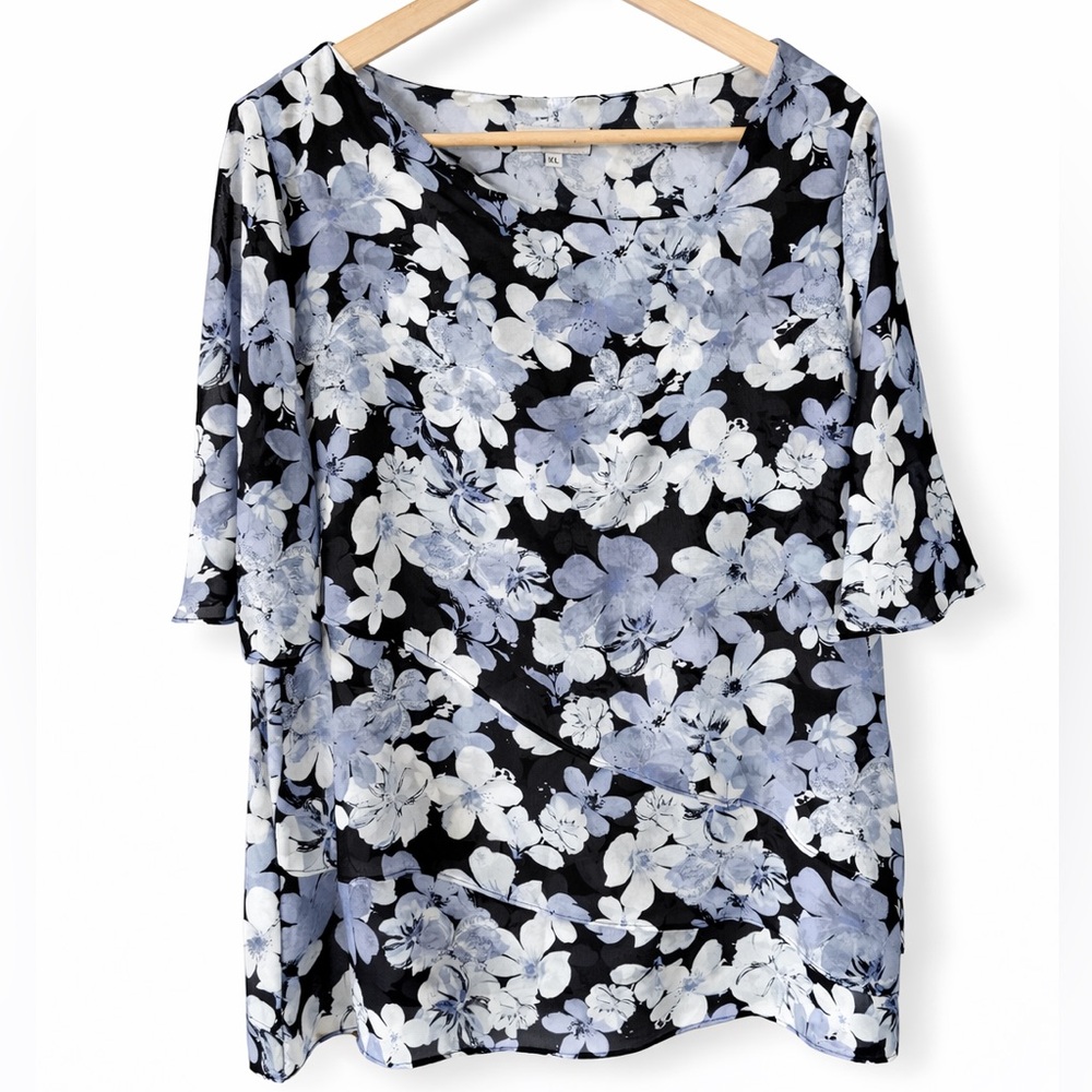 KLEIO XL Blue & White Floral Layered Blouse Short Sleeve Top